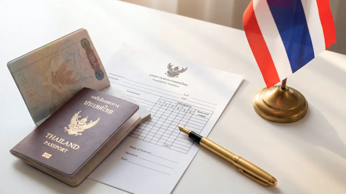 Passeport thaïlandais, formulaire de notation pour la naturalisation et drapeau de la Thaïlande sur un bureau