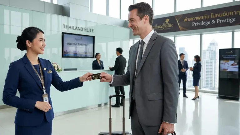Une Thaïlandaise remet une carte issue du programme elite visa à un homme d'affaires