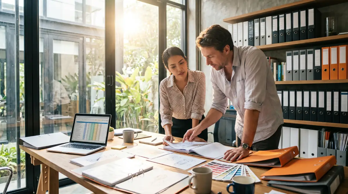 Visa non immigrant b thailande : entrepreneur europeen et collaboratrice thailandaise travaillant au bureau