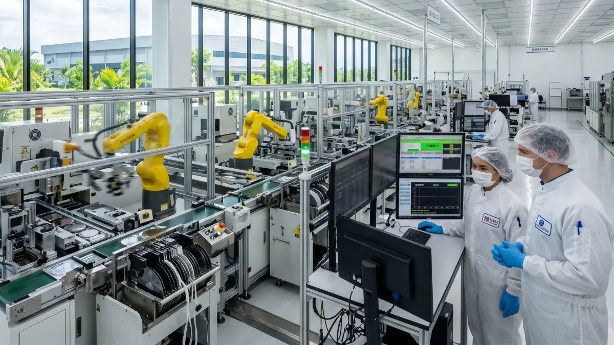 Usine de semiconducteurs en Thaïlande avec bras robotiques et ingénieurs en salle blanche, ligne d'assemblage wafer — Thailand FastPass BOI