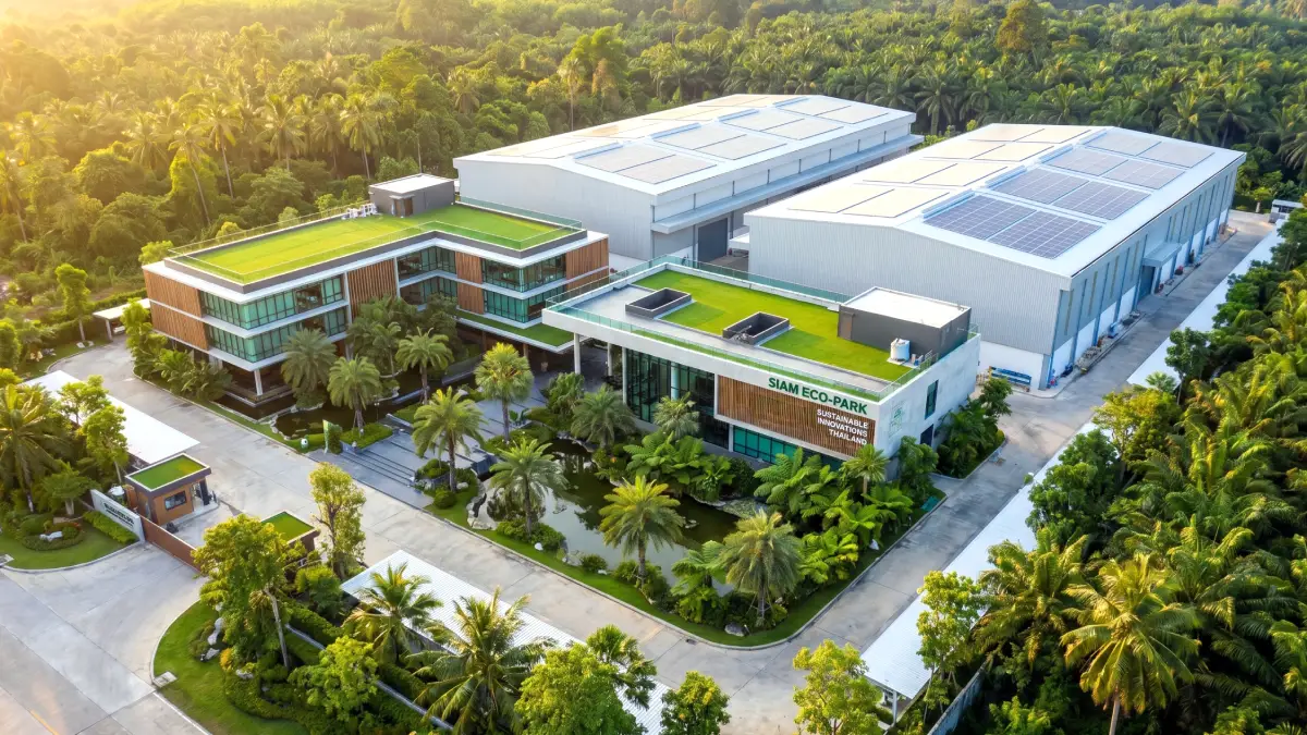 Vue aérienne d'un complexe industriel moderne en Thaïlande avec toits végétalisés et panneaux solaires, entouré de palmiers — exemple de site détenu par une société promue BOI