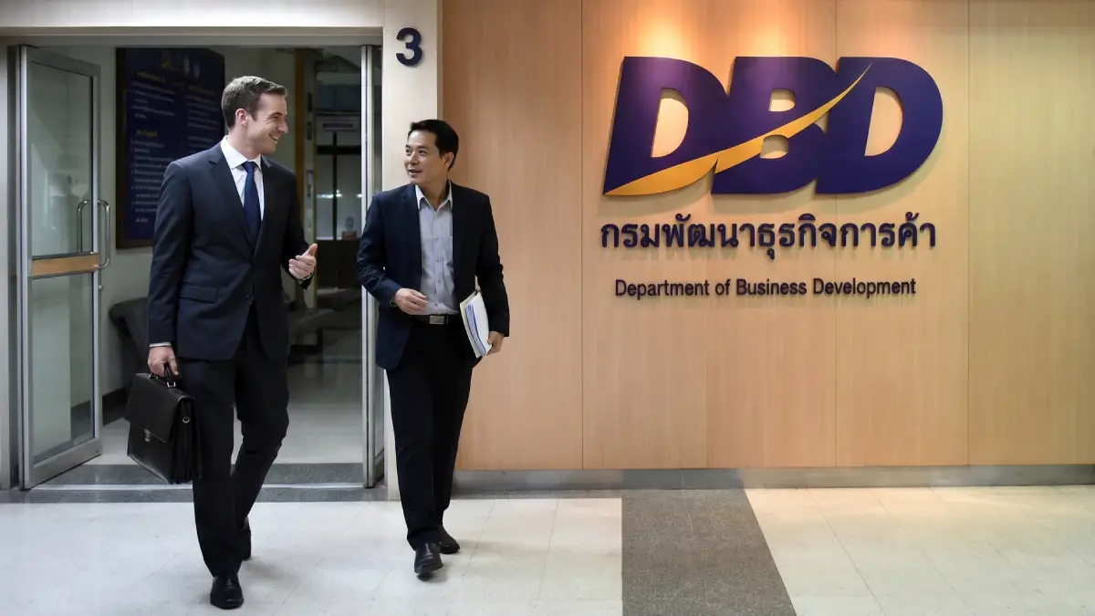 Investisseur étranger et conseiller thaïlandais sortant des bureaux du Department of Business Development (DBD) après l'immatriculation de leur société en Thaïlande