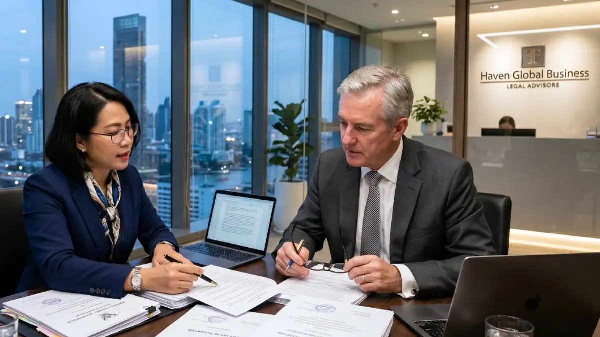Juriste thaïlandais et investisseur étranger examinant des documents légaux relatifs à la création d'une société à Bangkok, Thaïlande