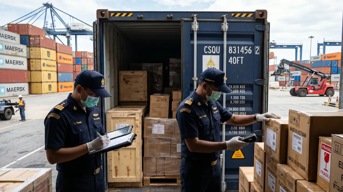 Agents des douanes thaïlandaises inspectant le contenu d'un container maritime dans une zone portuaire en Thaïlande