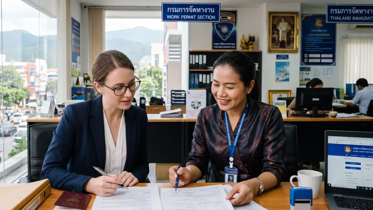 Étranger consultant un conseiller juridique thaïlandais dans un bureau administratif à Chiang Mai, examinant des documents relatifs au permis de travail