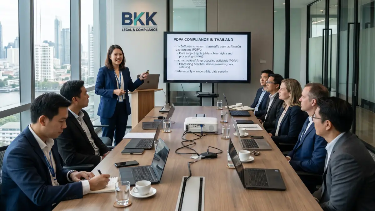 Juriste thaïlandais présentant les obligations PDPA à des dirigeants d'entreprise dans une salle de conférence à Bangkok