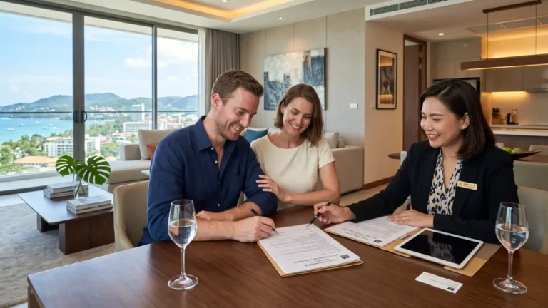 Couple d'expatriés étrangers signant un contrat d'achat de condominium avec un agent immobilier thaïlandais dans un appartement moderne à Bangkok ou Phuket
