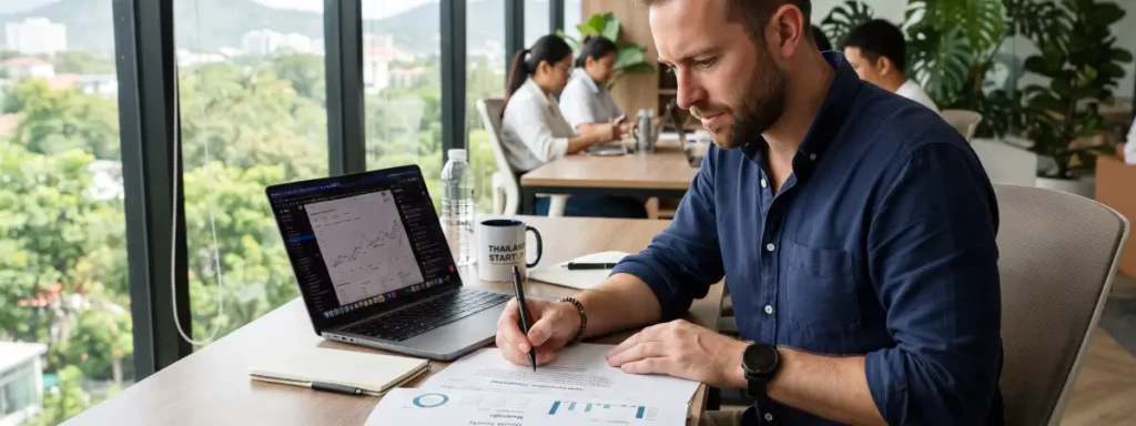 Entrepreneur étranger rédigeant un business plan avec projections financières dans un bureau en Thaïlande