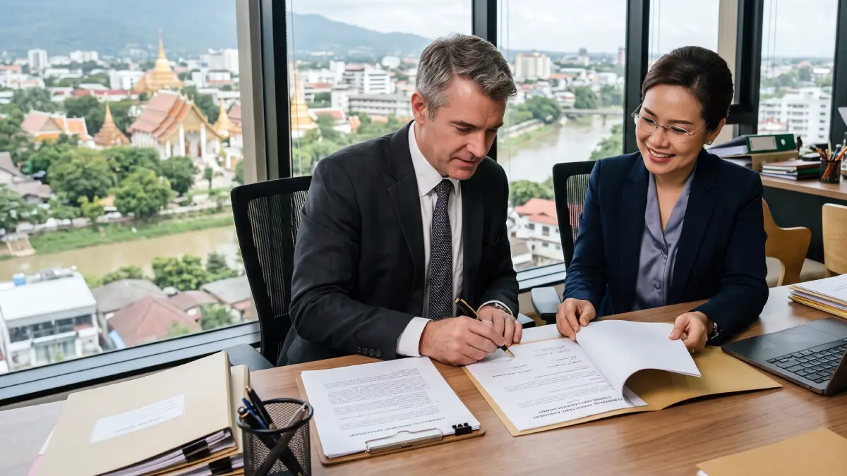 Avocat thaïlandais et investisseur étranger signant un contrat commercial dans un bureau juridique en Thaïlande