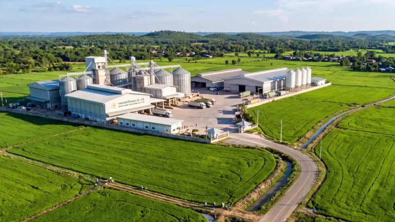 Rizières et zone agro-industrielle moderne dans le nord-est de la Thaïlande