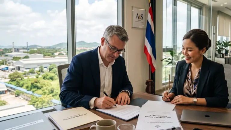 Entrepreneurs signant les statuts de constitution d'une société dans un bureau en Thaïlande