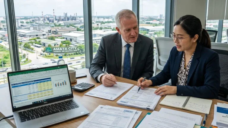 Expert-comptable thaïlandais et directeur financier étranger analysant des documents fiscaux dans un bureau à Bangkok