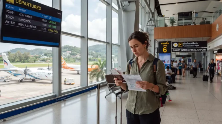 Voyageur consultant son passeport et ses documents de visa touristique dans un aéroport thaïlandais