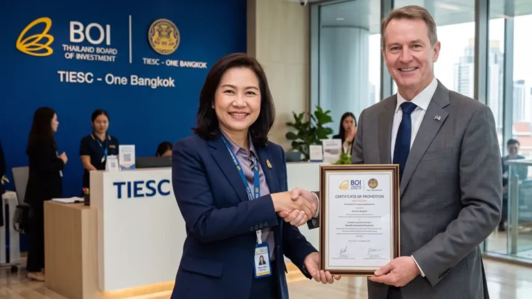 Directeur d'investissement étranger recevant son certificat de promotion BOI des mains d'un responsable du Board of Investment au TIESC de Bangkok