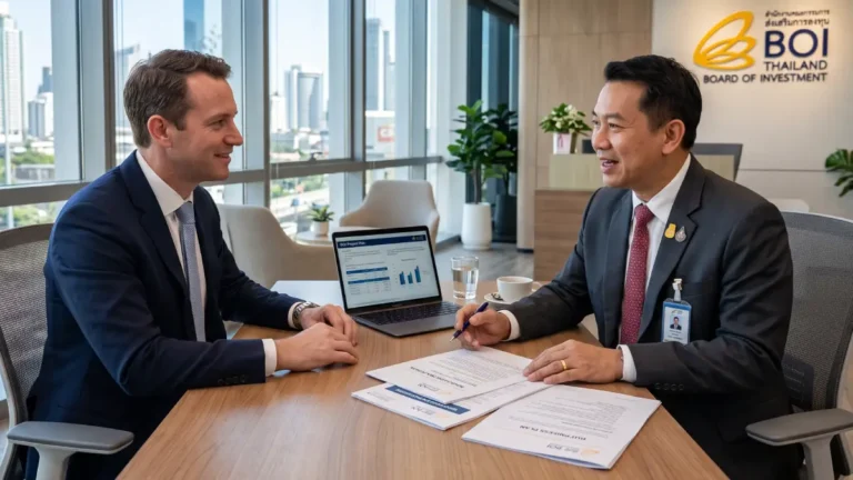 Entrepreneur étranger en réunion avec un responsable BOI dans un bureau de Bangkok pour le dépôt d'une demande de Smart Visa Thaïlande