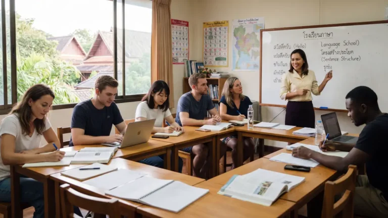 Étudiant étranger assistant à un cours dans une école accréditée en Thaïlande, salle de classe lumineuse