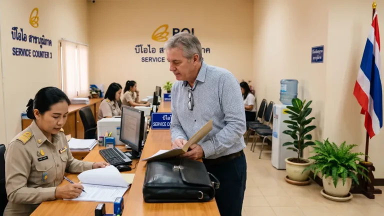 étranger en costume consultant des documents d'investissement avec un conseiller BOI dans un bureau administratif
