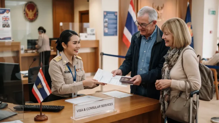Couple de retraités étrangers déposant un dossier de visa retraite dans une ambassade thaïlandaise