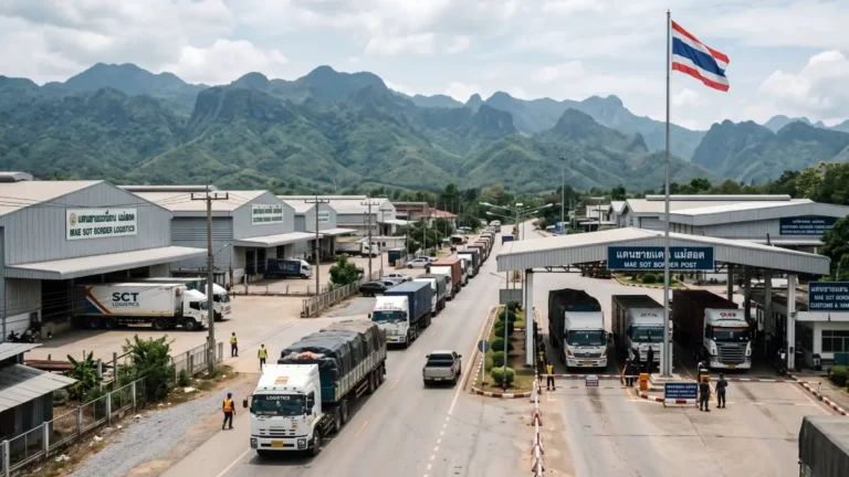 Poste-frontière et zone logistique commerciale à Mae Sot, à la frontière entre la Thaïlande et le Myanmar