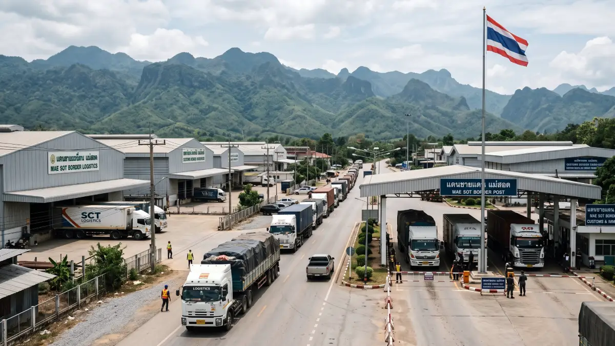 Poste-frontière et zone logistique commerciale à Mae Sot, à la frontière entre la Thaïlande et le Myanmar